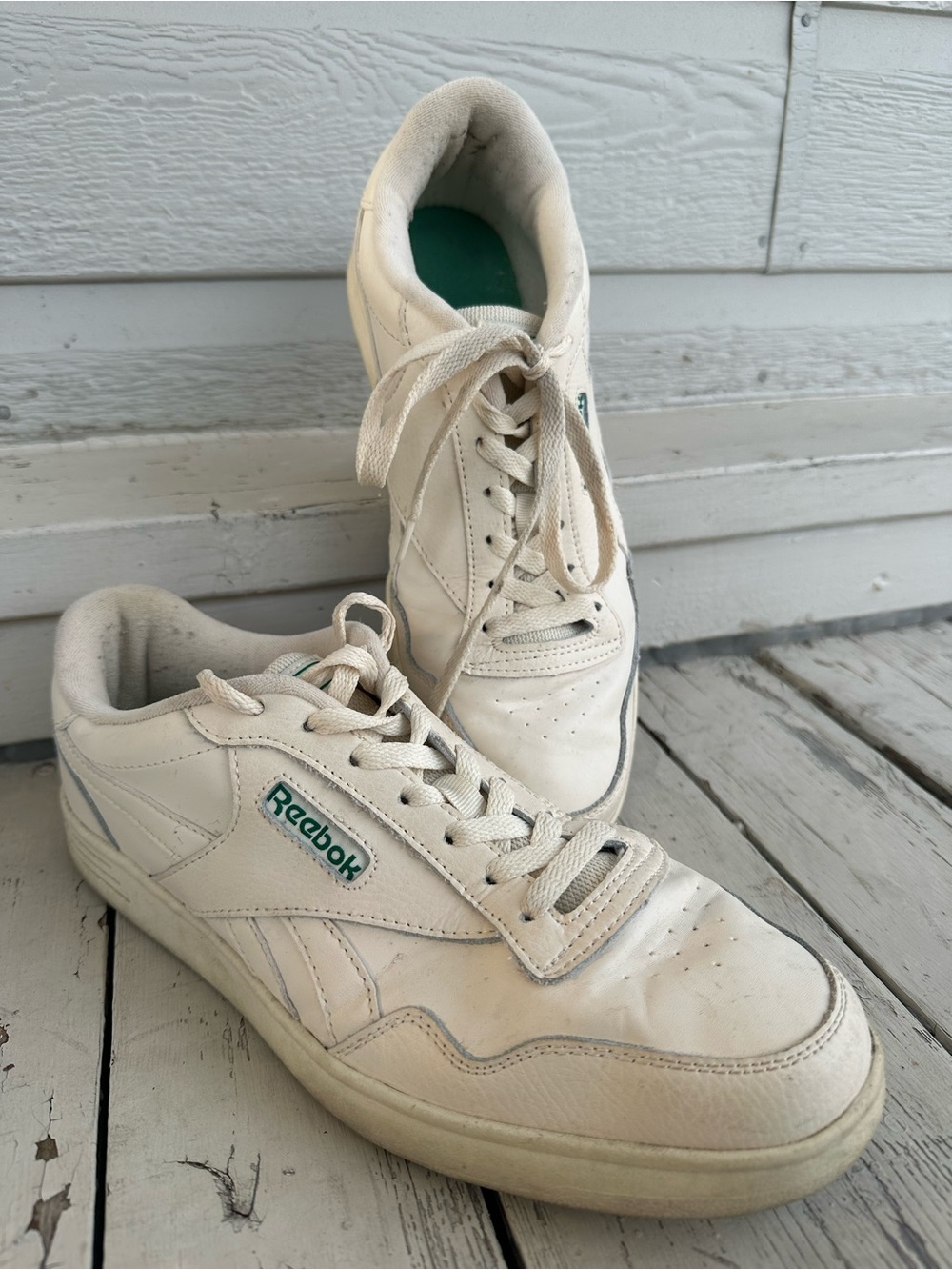 Reebok Cream Leather Sneakers with Emerald Green Logo Accents